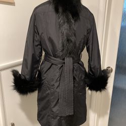 Dana Buchman Black Faux Fur Lined Long Wrap Coat