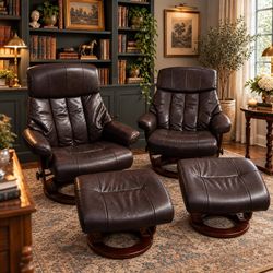Pair of Luxury Leather-Look Recliners w/ Matching Ottomans - 4 Pieces