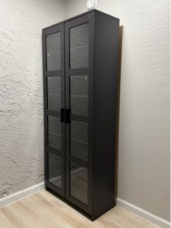 Black Modern Freestanding Display Cabinet, 2 Glass Doors, 12 Shelves.