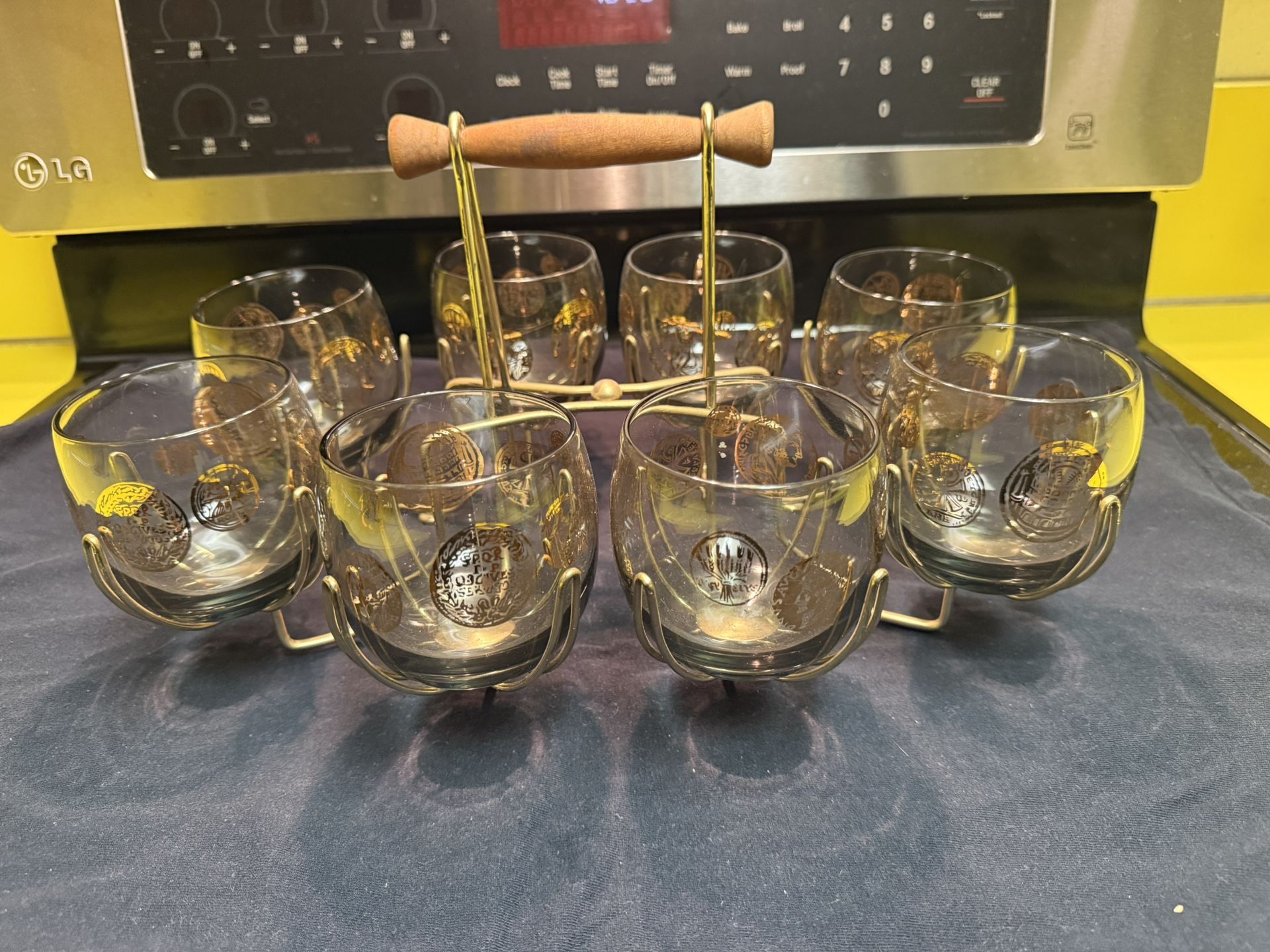 Amazing! MCM 1960s mid-century gold Roman coins roly-poly Tumbler set