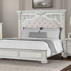 Brand new traditional wire brushed white queen bedframe