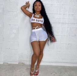 White Mesh Crop Top & Shorts Set - Size Large - New Boutique Item