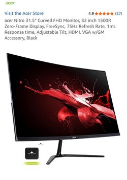 acer Nitro 31.5" Curved FHD Monitor, 32 inch 1500R Zero-Frame Display, FreeSync, 75Hz Refresh Rate, 1ms Response time, Adjustable Tilt, HDMI, VGA w/GM
