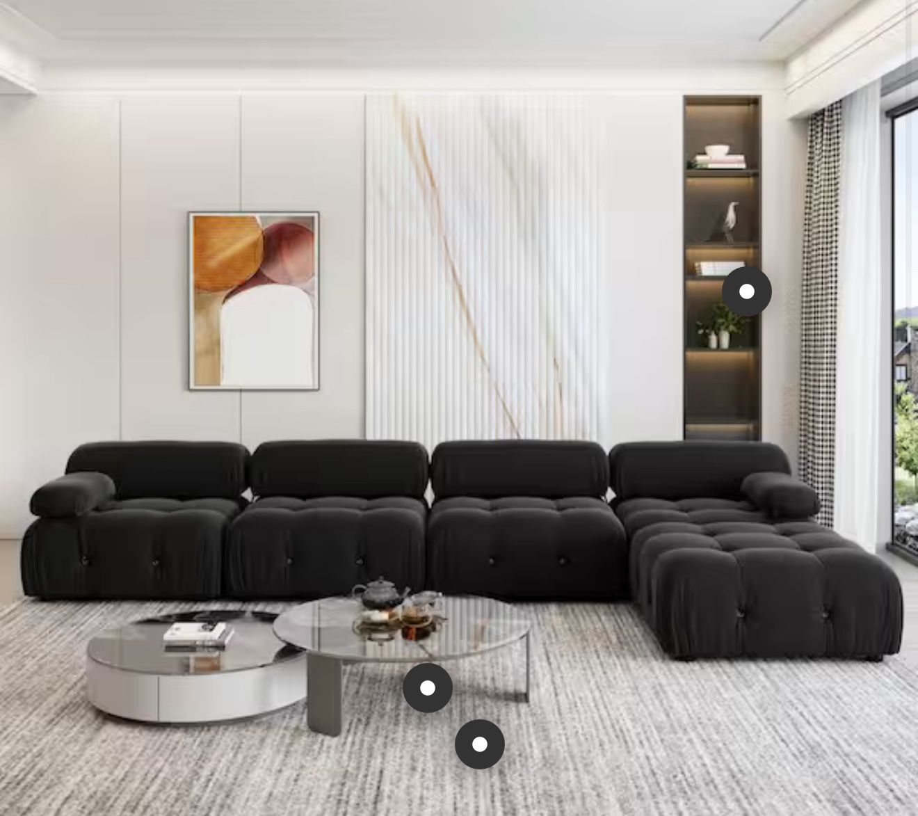 6 Piece sectional Living Room Sofa - Upholstered, Black, Tufted Velvet