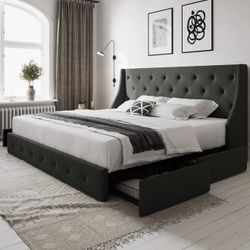 King Grey Bed With Four Drawers 
