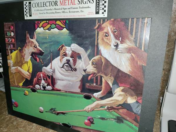 Collectible metal sign of dogs playing pool! New!