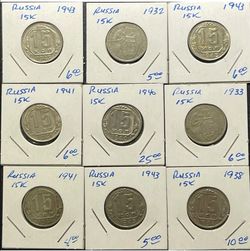 9 USSR 15 Kopeks Coins Lot