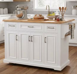Assembled New 54” Large Kitchen Island Wood Drop Leaf Embossed Texture Rolling Kitchen Cart