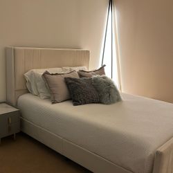 Cream Colored Velvet like Headboard Queen Bed Frame 