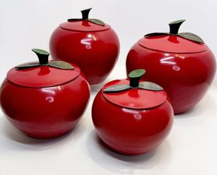 VTG 1960's Set of (4) Chrom-Ever Aluminum Red Enamel Apple Canisters w/ Lids MCM