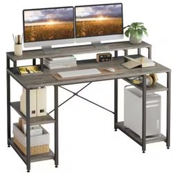 55.12 in. Retro Grey Oak-Dark Computer Desk with Monitor Stand