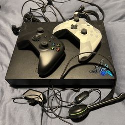 Xbox One X  w/ Controllers And Headset
