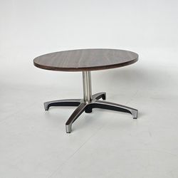 Vintage Mid Century Round Walnut Coffee Table Chrome Pedestal Base