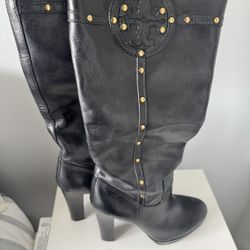 Tory Burch Black Leather Studded Knee-High Boots — Size 9.5