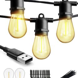 50FT USB Powered Outdoor String Lights Bulb Waterproof, 15 Hanging Sockets 3000K Warm White