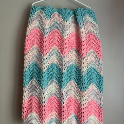 Handmade Knit Crocheted Baby Blanket Large Pink Teal Girls Beautiful Gift 