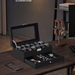 12-Slot Watch Box, Lockable Watch Case with Glass Lid, 2 Layers, with 1 Drawer for Rings,🌟🌟🌟🌟