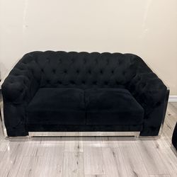 Black velour Loveseat, chair,  glass coffee table