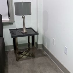 Modern Gray End Table with Brushed Nickel Lamp – Excellent Condition
