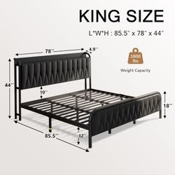 King Size Metal Bed Frame with Upholstered Headboard and Charging Station, Charcoal Gray