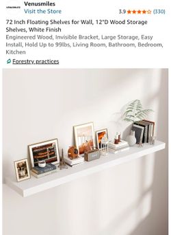 Venusmiles 72 Inch Floating Shelves for Wall, 12"D Wood Storage Shelves, White - NEW