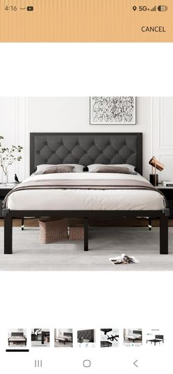 iPormis Queen Metal Bed Frame, Linen Platform Bed Frame with Button Tufted Headboard, 12" Underbed Space, Steel Slats Support, Easy Assembly, No Box S