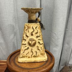 Rustic Pyramid Candle Holder with Sun & Moon Faces • 11.5” Tall Southwest Folk Art