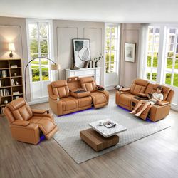 Brand New Orange Brown Gel Leather Power Reclining Sofa, Loveseat, & Chair with Bluetooth Speaker