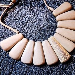 Vintage 1980s Wooden Necklace Natural Fibers XL neckpiece Tribal 