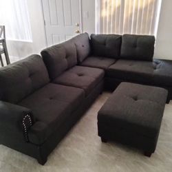 Brand New Black Sectional Sofa With Storage Ottoman 