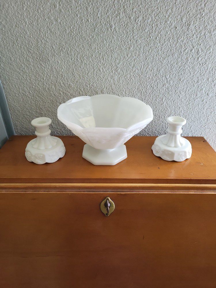 Milk Glass Bowl/Candle Holders Westmoreland 