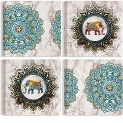 Abstract Mandala Elephant Wall Art Light Luxury Boho Canvas Paintings Blue Mandala Wall Décor Animal Prints Elephant Pictures 4 Pieces Teal Mandala Ar