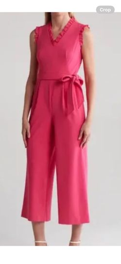 Calvin Klein Pink Jumpsuit Ruffle V-Neck Cropped Wide Leg Size 6