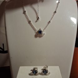 Pandora Disney 2 Pc Authentic Brand New Cinderella Pumpkin Coach Crystal Sterling Silver Neckless & Stud Earrings Set
