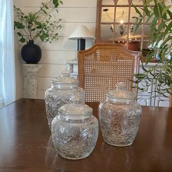 Princess House Fantasia Canisters Clear Glass Floral Storage