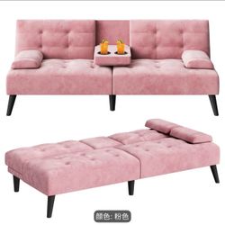 Shintenchi Futon Sofa Bed, Velvet Foldable Couch, Reclining Sleeper with Removable Armrests, Upholstered Loveseat Sofa Couch with Folding Cup Holders