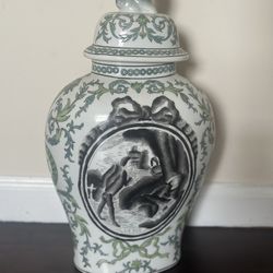 VTG Ginger Jar green & teal w/ Victorian Scene & Foo Dog On Top - Made In Macau