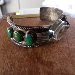 READ ENTIRE AD VINTAGE STERLING SILVER CUFF WATCH WITH TURQUOISE 