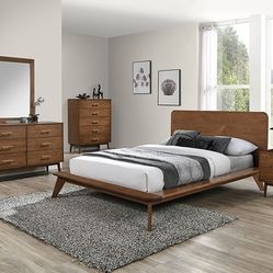 Brand New Walnut Midcentury Modern Queen Bedframe  + Dresser + Mirror + Nightstand 4PCs Bedroom Set