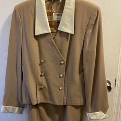 Kasper For Asl Khaki W/Cream Collar Skirt Suit Size 10