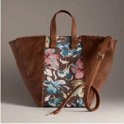 Anthropologie Velvet Two Tone Floral Tapestry Brown Faux Fur Satchel 