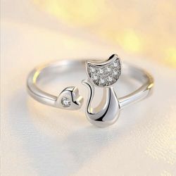 Rhinestone Cat Decor Cuff Ring