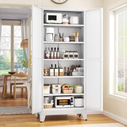 75.2" Tall Pantry Cabinet, Kitchen Pantry Storage Cabinets with 2 Door and 5 Adjustable Shelves, White Metal Pantry