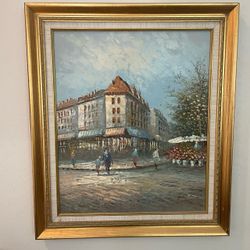 French Parisian Flower Market Street Scene Acrylic Painting