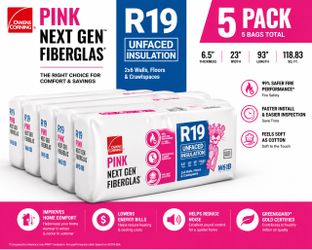 Owens Corning R-19 Insulation Unfaced 5 Bags - NEW Covers ~594 sq ft, 2x6 Walls Floors, W61B