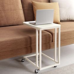 white End Table, C Shaped TV Tray with Metal Frame Rolling Casters for Coffee Laptop Mobile Tablet, Industrial Side Table