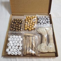 NEW! 128 Pieces Wooden Beads for Crafts w/Burlap Tassels & 21 Yards Hemp Twine, (Golden Series)