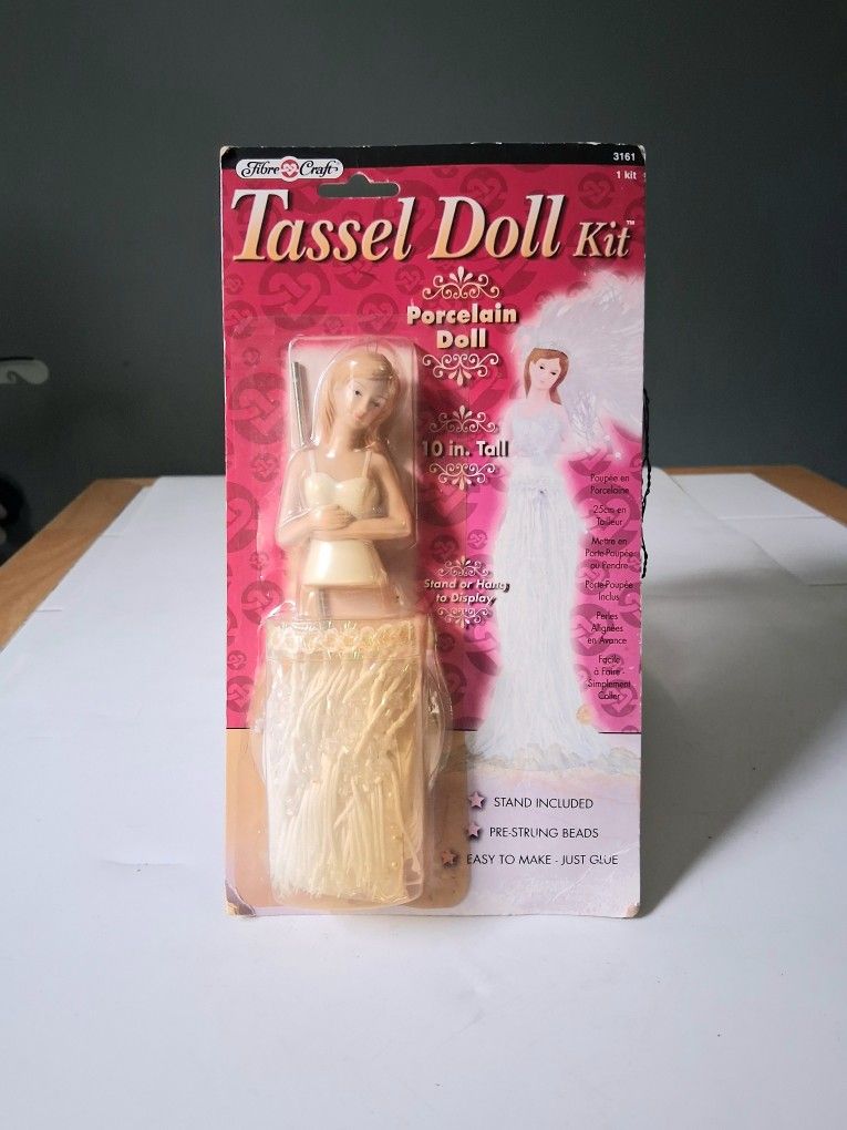 NIP Fabre Craft 2002 Tassel Doll Kit Beaded Dress Hangs Or Stands Y2K Porcelain