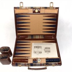 Vintage Aries Travel Backgammon Set Brown Blue Plaid Beverly Hills 60s Complete
