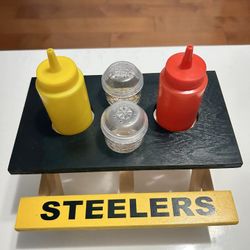 Picnic Table Condiment Caddy Holder Rack Solid Wood Hot Dog Ketchup Mustard S&P